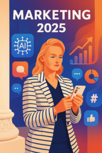 A confident marketing strategist stands in front of a stylized digital backdrop featuring AI icons, graphs, and futuristic interface elements, symbolizing the integration of AI-driven marketing and digital innovation in 2025.