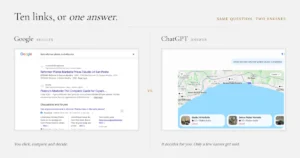 Google search results compared with a ChatGPT answer for the same reformer Pilates Marbella question, showing ten links versus one answer