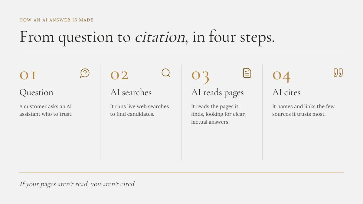 Four-step diagram of how AI search works: a customer asks a question, the AI searches the web, reads pages, then cites the sources it trusts most