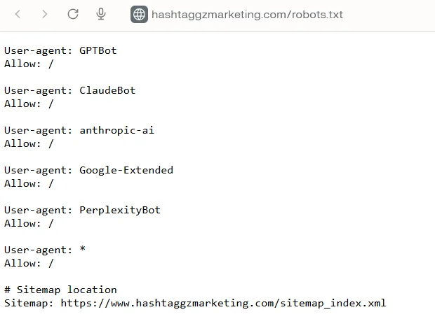robots.txt file on hashtaggzmarketing.com allowing GPTBot, ClaudeBot, Google-Extended and PerplexityBot to crawl the site