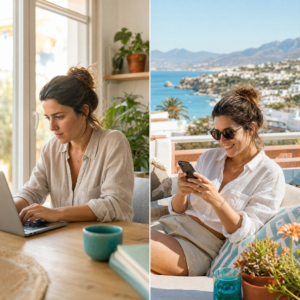 The same customer searching on a laptop and scrolling on her phone, showing the difference between search ads and social ads